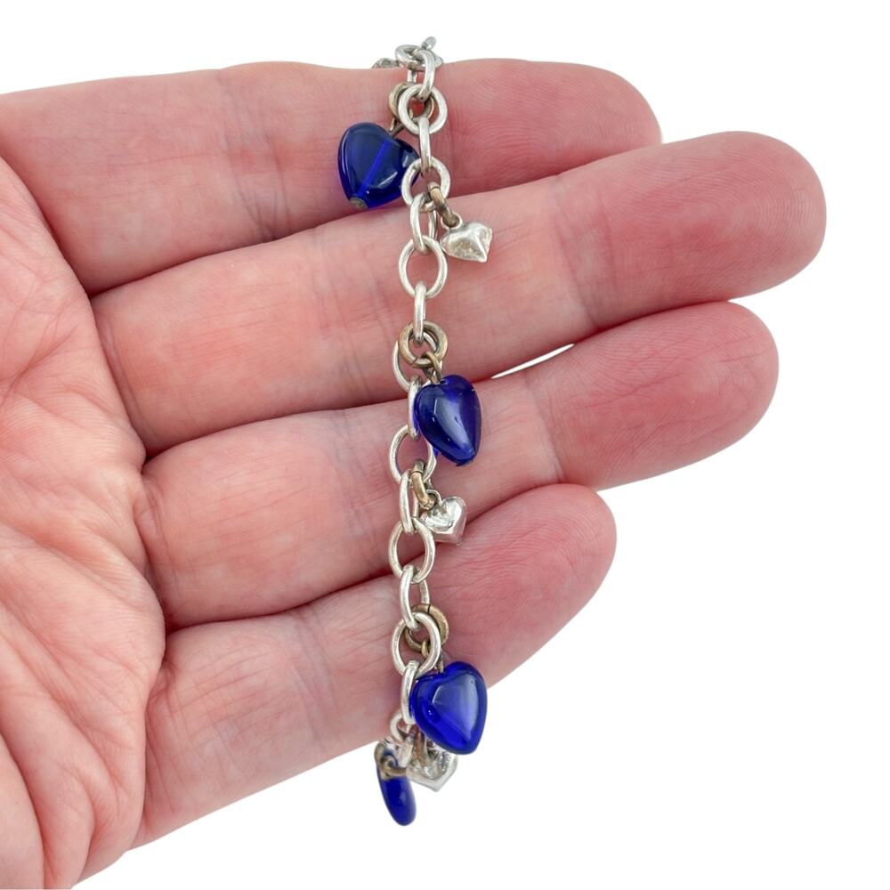 Vintage Sterling Silver 925 Blue Glass Heart Bracelet 7.5"